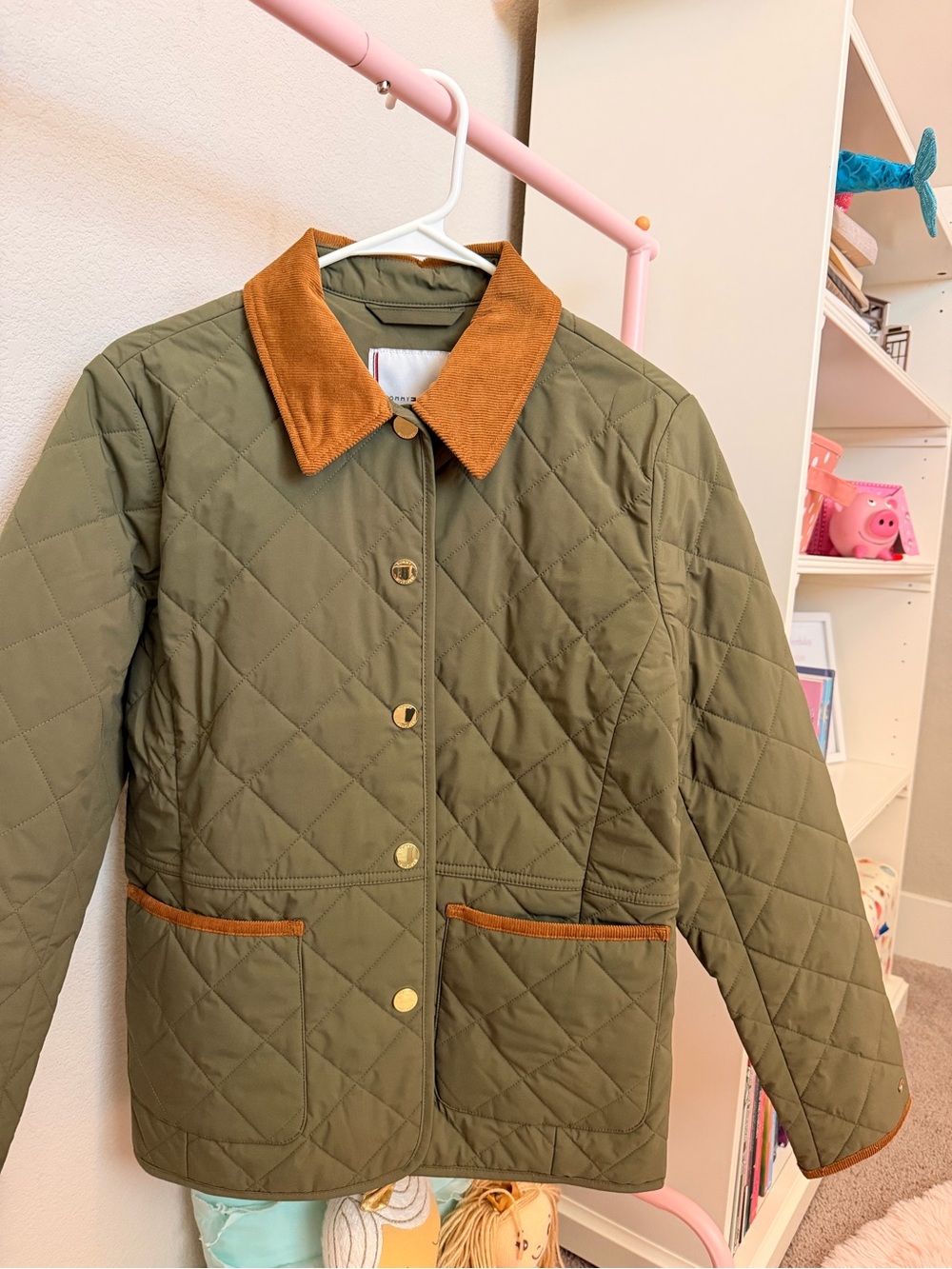 Tommy Hilfiger Olive Quilted Utility Jacket with Brown Collar